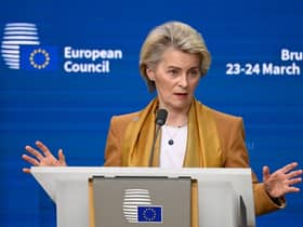 European Commission President Ursula von der Leyen holds a  press conference during a European Union summit, at the EU headquarters in Brussels last month
