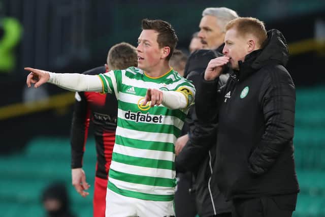 Celtic manager Neil Lennon talks with captain Calum McGregor during the Ladbrokes Scottish Premiership match between Celtic and St. Mirren at Celtic Park on January 30. (Photo by Ian MacNicol/Getty Images)