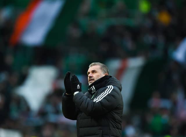 Celtic manager Ange Postecoglou applauds the fans after the 5-0 win over Morton in the Scottish Cup. (Photo by Ross MacDonald / SNS Group)