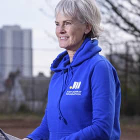 Judy Murray giving children tennis training in Maryhill Park, Glasgow, as part of her work with the Judy Murray Foundation