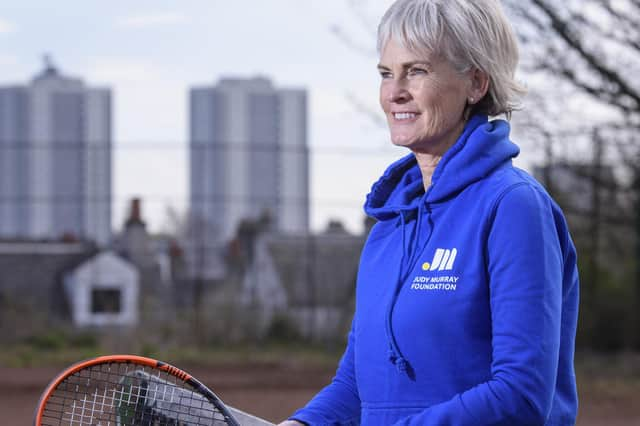 Judy Murray giving children tennis training in Maryhill Park, Glasgow, as part of her work with the Judy Murray Foundation