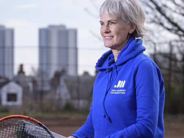 Judy Murray giving children tennis training in Maryhill Park, Glasgow, as part of her work with the Judy Murray Foundation
