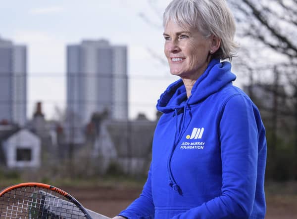 Judy Murray giving children tennis training in Maryhill Park, Glasgow, as part of her work with the Judy Murray Foundation