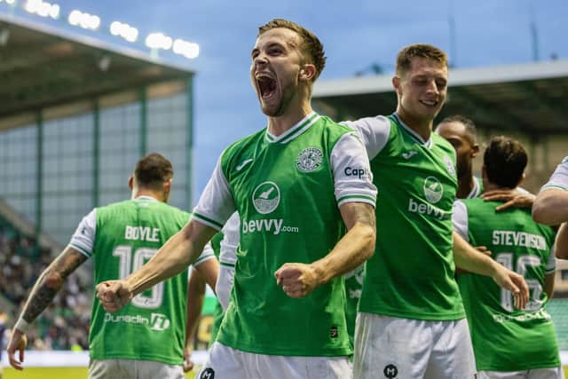 Dylan Vente celebrates after scoring on his Hibs debut in the 3-1 win over Luzern. (Photo by Ross Parker / SNS Group)