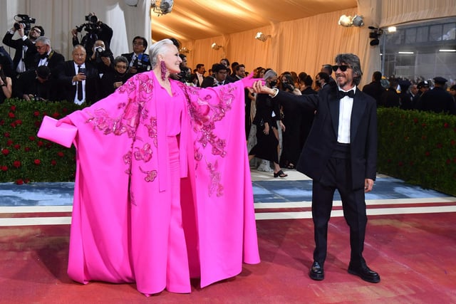 US actress Glenn Close and Italian designer Pier Paolo Pasolini arrive for the 2022 Met Gala at the Metropolitan Museum of Art on May 2, 2022, in New York. Photo by ANGELA WEISS/AFP via Getty Images