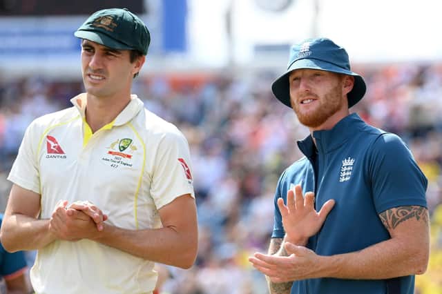 England captain Ben Stokes with Australia captain Pat Cummins at the presentations after the third Ashes Test Match at Headingly.