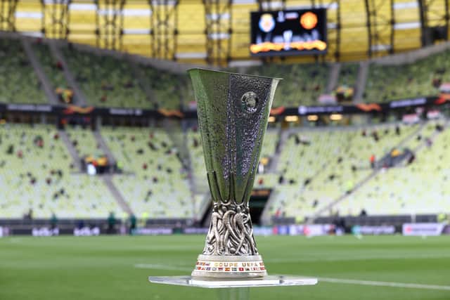 The UEFA Europa League Trophy will be won by one of the four semi-finalists - Rangers, RB Leipzig, West Ham or Eintracht Frankfurt. (Photo by Maja Hitij/Getty Images)