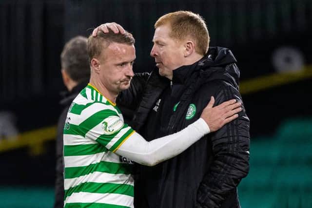 Celtic's Leigh Griffiths (left) with manager Neil Lennon during a Scottish Premiership match between Celtic and Dundee United at Celtic Park, on December 30, 2020 (Photo by Craig Williamson / SNS Group)