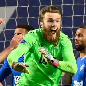Zander Clark celebrates after helping St Johnstone equalise in the final minute of extra-time against Rangers at Ibrox. (Photo by Rob Casey / SNS Group)
