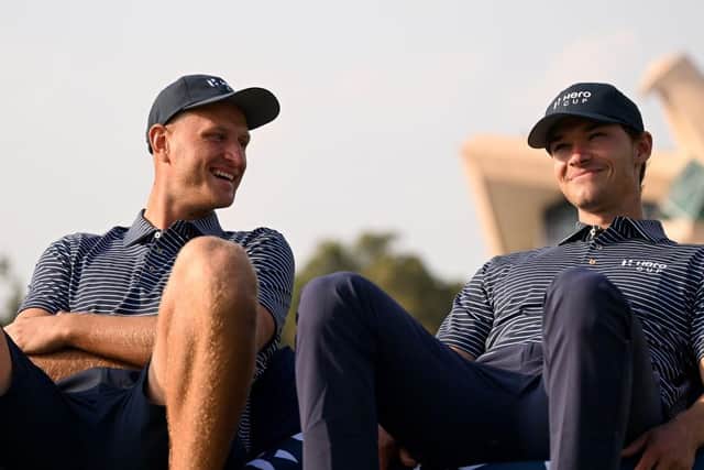 Pole Adrian Meronk and Dane Nicolai Hojgaard chat to the press in the build up to the Hero Cup at Abu Dhabi Golf Club. Picture: Ross Kinnaird/Getty Images.