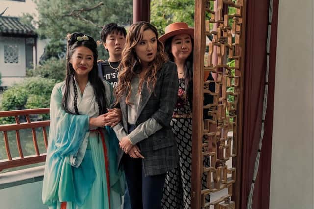 Stephanie Hsu as Kat, Sabrina Wu as Deadeye, Ashley Park as Audrey, and Sherry Cola as Lolo in Joy Ride. PIC: Ed Araquel/Lionsgate