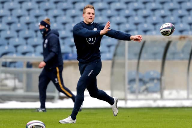 Scotland's Duhan van der Merwe during a training session at the BT Murrayfield on the eve of the Wales match. Picture: Jane Barlow/PA
