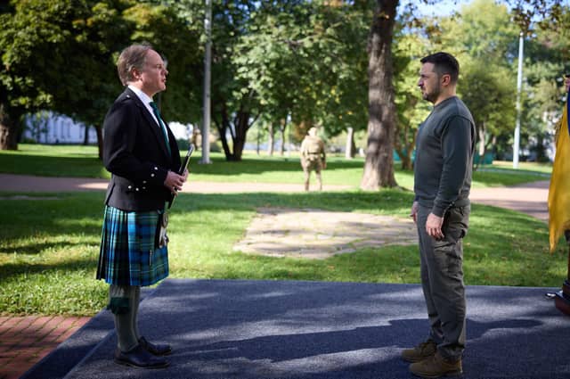 The UK's new ambassador for Ukraine Martin Harris (left) wearing a kilt for his first meeting with President Vlodymyr Zelensky. Photo: Office of the President of Ukraine/PA Wire