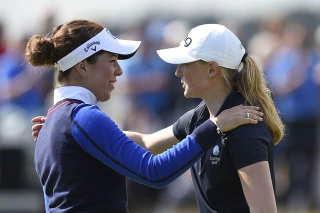 Georgia Hall and Louise Duncan after finishing their second round in the AIG Women's Open at Carnoustie. Picture: Ian Rutherford/PA Wire.