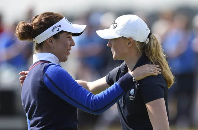Georgia Hall and Louise Duncan after finishing their second round in the AIG Women's Open at Carnoustie. Picture: Ian Rutherford/PA Wire.