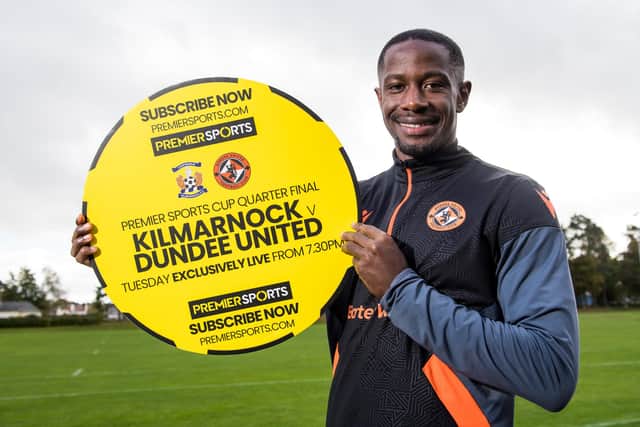 New Dundee United signing Arnaud Djoum is pictured during a Premier Sports Cup photocall promoting Premier Sports live and exclusive coverage of Kilmarnock v Dundee United on Tuesday 18th October. (Photo by Ross Parker / SNS Group)