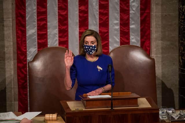 House Speaker Nancy Pelosi said: “The House Republicans rejected this legislation to protect America, enabling the President’s unhinged, unstable and deranged acts of sedition to continue. Their complicity endangers America, erodes our Democracy, and it must end.” (Photo by Amanda Voisard - Pool/Getty Images)