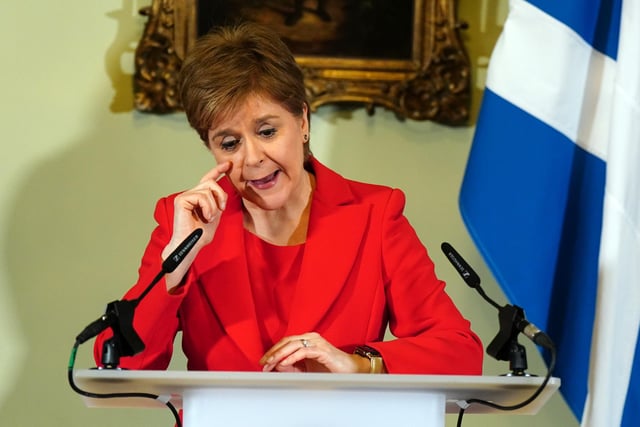 An emotional Nicola Sturgeon speaking during a press conference at Bute House