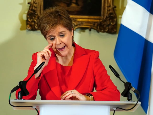 An emotional Nicola Sturgeon speaking during a press conference at Bute House