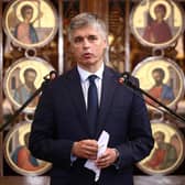 Ukraine's ambassador to the UK, Vadym Prystaiko, speaks during a prayer service at Ukrainian Catholic Cathedral in London. Picture: Henry Nicholls/AFP via Getty Images