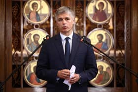Ukraine's ambassador to the UK, Vadym Prystaiko, speaks during a prayer service at Ukrainian Catholic Cathedral in London. Picture: Henry Nicholls/AFP via Getty Images