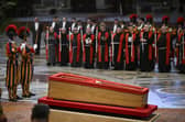 VATICAN CITY, VATICAN - APRIL 23: The body of Pope Francis lies in state at the Basilica St Peter on April 23, 2025 in Vatican City, Vatican. On the third day since the death of Pope Francis was announced by the Vatican, his body is transferred from the Chapel of Santa Marta to the Basilica St Peter. He will lie in state in a simple wooden coffin until his funeral, which will be held on Saturday, 26th April 2025. (Photo by Antonio Masiello/Getty Images)