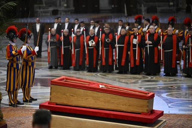 The body of Pope Francis lies in state at the Basilica St Peter in the Vatican City. Picture: Antonio Masiello/Getty Images