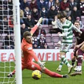 Celtic's Kyogo Furuhashi scores against Hearts in their Scottish Cup win at Tynecastle in March.  (Photo by Rob Casey / SNS Group)