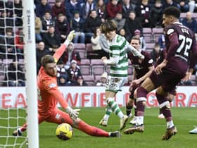 Celtic's Kyogo Furuhashi scores against Hearts in their Scottish Cup win at Tynecastle in March.  (Photo by Rob Casey / SNS Group)