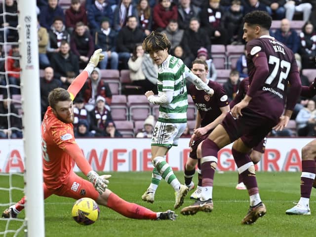 Celtic's Kyogo Furuhashi scores against Hearts in their Scottish Cup win at Tynecastle in March.  (Photo by Rob Casey / SNS Group)