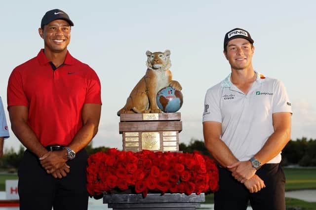 Viktor Hovland joined tournament host Tiger Woods as the only players to have won the Hero World Challenge back-to-back. Picture: Mike Ehrmann/Getty Images.