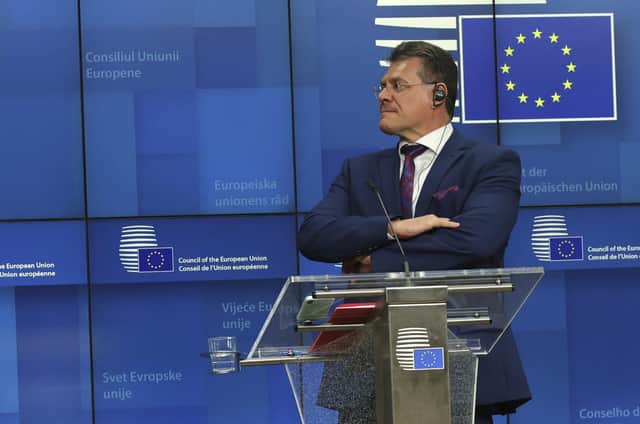 European Commissioner vice-president Maros Sefcovic waits for the arrival of Minister of State for Europe at the Federal Foreign Office of Germany Michael Roth prior to a media conference at the European Council building in Brussels. Picture: AP Photo/Olivier Matthys, Pool