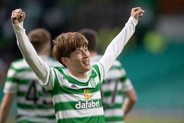 Kyogo Furuhashi of Celtic celebrates his hat trick goal during the cinch Scottish Premiership match between Celtic FC and Dundee FC . (Photo by Steve Welsh/Getty Images)