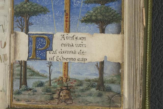 The National Library of Scotland's collection of Italian manuscripts includes some very fine examples -- including this tiny portable 15th-century Book of Hours, written on very fine vellum and beautifully illuminated. Picture: NLS