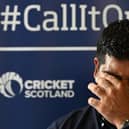 Cricketer Majid Haq speaks at a press conference  on Monday after an independent review into allegations of racism at Cricket Scotland has found the governance and leadership practices of the organisation to be "institutionally racist".  Haq, Scotland's all-time leading wicket-taker and former teammate Qasim Sheikh have spoken out about the racist abuse they have suffered. (Photo by Andy Buchanan / AFP) (Photo by ANDY BUCHANAN/AFP via Getty Images)