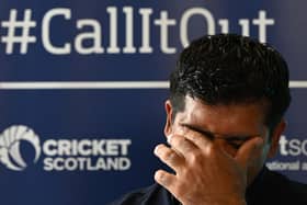 Cricketer Majid Haq speaks at a press conference  on Monday after an independent review into allegations of racism at Cricket Scotland has found the governance and leadership practices of the organisation to be "institutionally racist".  Haq, Scotland's all-time leading wicket-taker and former teammate Qasim Sheikh have spoken out about the racist abuse they have suffered. (Photo by Andy Buchanan / AFP) (Photo by ANDY BUCHANAN/AFP via Getty Images)