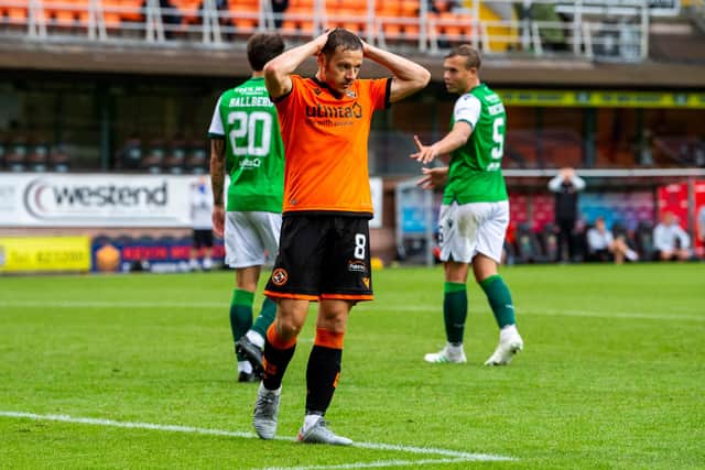 Peter Pawlett cuts a frustrated figure after missing a late chance in Dundee United's 1-0 defeat to Hibs in August. Picture: SNS