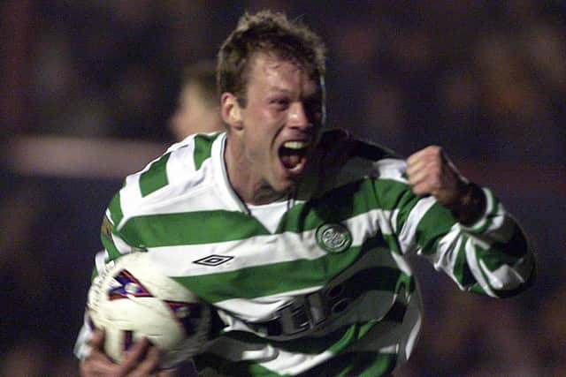 Joy unconfined: Morten Wieghorst celebrates scoring his first goal since recovering from Guillaine-Barre syndrome against Alloa Athletic in the Scottish Cup, January 2002.