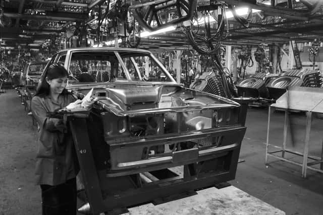 The new Chrysler Sunbeam car the production line/assembly line at Linwood in August 1977.
