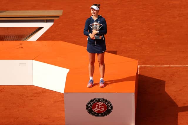 Barbora Krejcikova of Czech Republic with the trophy after her French Open triumph. Picture: Julian Finney/Getty Images
