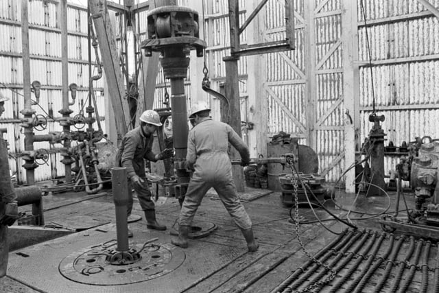 Men working on the drill on the Staflo oil rig in the North Sea, March 1971.