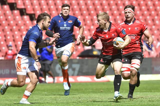 Morné van den Berg of the Lions takes the game to Edinburgh during the United Rugby Championship match at Emirates Airline Park in Johannesburg. (Photo by Sydney Seshibedi/Gallo Images)