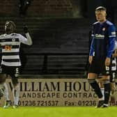 Ayr United's Tomi Adeloye celebrates his equaliser in the 1-1 draw with Hamilton at Somerset Park.   (Photo by Ross MacDonald / SNS Group)