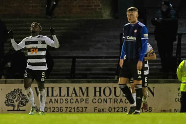 Ayr United's Tomi Adeloye celebrates his equaliser in the 1-1 draw with Hamilton at Somerset Park. (Photo by Ross MacDonald / SNS Group)