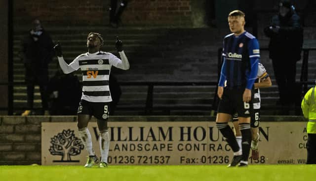 Ayr United's Tomi Adeloye celebrates his equaliser in the 1-1 draw with Hamilton at Somerset Park.   (Photo by Ross MacDonald / SNS Group)