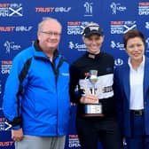 2021 Trust Golf Women's Scottish Open winner Ryann O'Toole is flanked by Paul Bush of of VisitScotland and Dr Prin Singhanart, founder and CEO of Trust Golf. Picture: David Cannon/Getty Images.