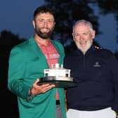 Jon Rahm, the fourth Spaniard to triumph at Augusta National, shows off the trophy with his father Edorta after winning last year's Masters. Picture: Andrew Redington/Getty Images.