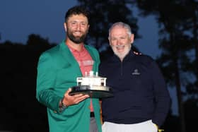 Jon Rahm, the fourth Spaniard to triumph at Augusta National, shows off the trophy with his father Edorta after winning last year's Masters. Picture: Andrew Redington/Getty Images.