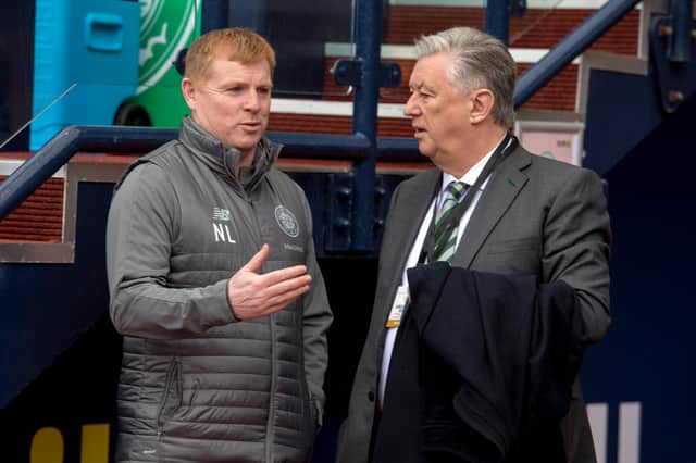 Celtic manager Neil Lennon (left) says his latest frank discussions chief executive, Peter Lawwell (right) and largest shareholder Dermot Desmond were not an exercise in "papering over the cracks"