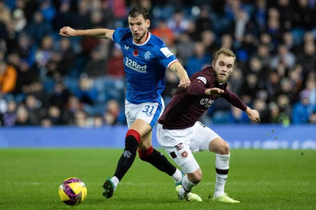 Rangers' Borna Barisic and Hearts' Nathaniel Atkinson during a cinch Premiership match at Ibrox earlier in the season.